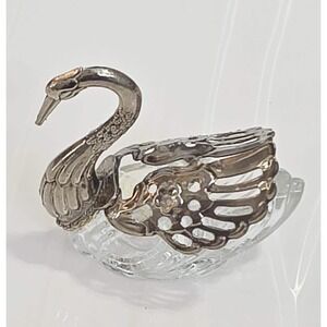 Vintage 1950s Glass Swan Salt Cellar, Silver Wings, Ring/Trinket DIsh